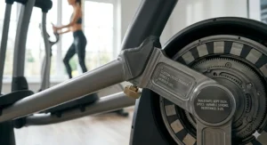 An illustration highlighting the robust, powder-coated steel base of a custom workout cross trainer.