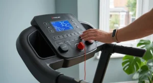 Close-up of an intuitive digital console on a budget-friendly electric treadmill.