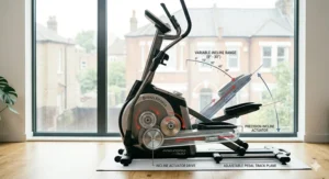 Illustration demonstrating how the handlebars on the cross trainer adjust for different user heights.