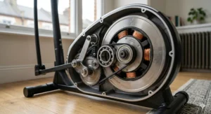 Detailed view of ergonomic handlebars on a compact cross trainer suitable for tight living spaces.