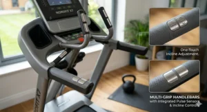 Ergonomic multi-grip handlebars on an adjustable incline cross trainer for varied hand positions.
