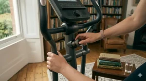 Ergonomic, non-slip handlebars on a home cross trainer designed for comfortable upper body movement.