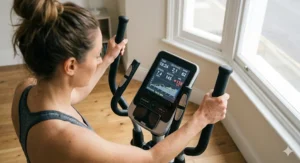 Close-up of ergonomic handles and non-slip pedals on a quiet, flat-friendly trainer.