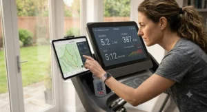 Close-up of ergonomic handrails on a motorised treadmill designed for stability and comfort.