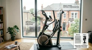 An illustration demonstrating the folding adjustment feature for compact storage of the cross trainer.
