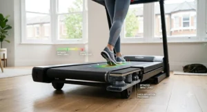Detailed view of the shock-absorbent running deck on a high-quality folding treadmill.