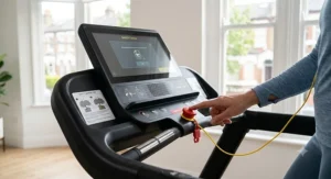 Close-up of the safety clip and emergency stop button on a folding treadmill for home use.
