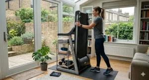 A folding treadmill being stored upright in a small apartment, demonstrating a space-saving design.