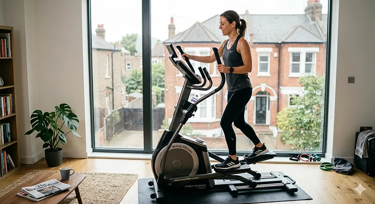 A photorealistic depiction of a woman exercising on a premium, fully adjustable cross trainer within a modern London flat featuring natural lighting.