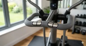 Integrated pulse sensors located on the stationary handlebars of the adjustable incline cross trainer.