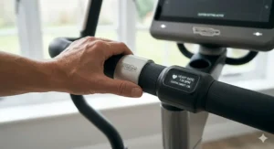 Close-up of the heart rate monitor display integrated into a custom workout cross trainer.