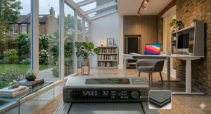 A stylish treadmill for walking set up in a bright, airy conservatory, perfect for indoor exercise regardless of British weather.