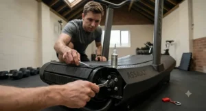 A photorealistic close-up illustration capturing basic maintenance being performed on the curved manual treadmill. A technician’s hand adjusts the tensioning bolts on the front roller using a small wrench, while a bottle of treadmill lubricant sits nearby on the slatted belt. Natural daylight highlights the textures.