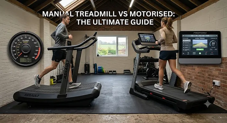 Side-by-side comparison image of a runner on a manual treadmill and another runner on a motorised treadmill in a realistic British garage home gym, bathed in natural daylight. Text overlay reads ‘MANUAL TREADMILL VS MOTORISED: THE ULTIMATE GUIDE’. manual treadmill vs motorised
