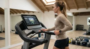 A detailed medium close-up photograph capturing a woman running on the motorised ProForm treadmill from the hero image. The focus is on the sophisticated interactive touchscreen console displaying fitness statistics and personalised training programmes, illuminated by natural daylight from an overhead skylight. The modern, clean home gym is subtly blurred in the background.
