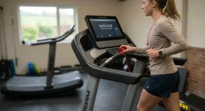 A detailed photorealistic illustration showcasing the safety features of the motorised treadmill. The runner's hand is visible reaching for the prominent red safety key clip on the console. The console screen displays a 'SAFE-STOP ACTIVE' message. The sturdyised steel handrails and textured safety side rails are clearly in frame. Other gym elements are softly blurred.