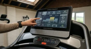 A photorealistic extreme close-up view looking down at the illuminated motorised treadmill console from the earlier images. The interactive touchscreen UI clearly displays distinct pre-set interval training programmes using 'KM/H' and 'KM' terminology. The tactile physical buttons for quick control are sharply defined. A user’s hand wearing a fitness watch is about to select a programme.