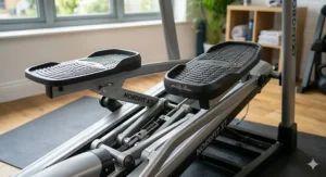 Detailed shot of the oversized, non-slip foot pedals on the adjustable incline cross trainer.