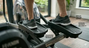 Detailed view of oversized, non-slip pedals and traction surfaces designed for larger foot sizes.