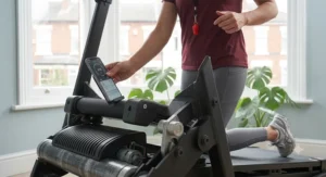 A person exercising on an electric treadmill in a home setting.