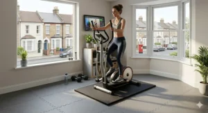 A person using a whisper-quiet cross trainer during an evening workout in a bedroom.