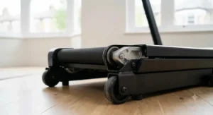 Close-up of the transport wheels on the base of a folding treadmill for easy mobility.