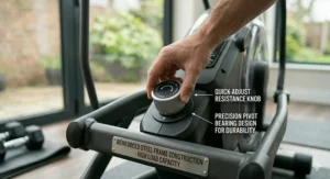 Close-up of a hand operating a quick-adjust resistance knob on a home cross trainer.
