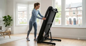 A user easily unfolding a new treadmill, highlighting the quick-assembly design.