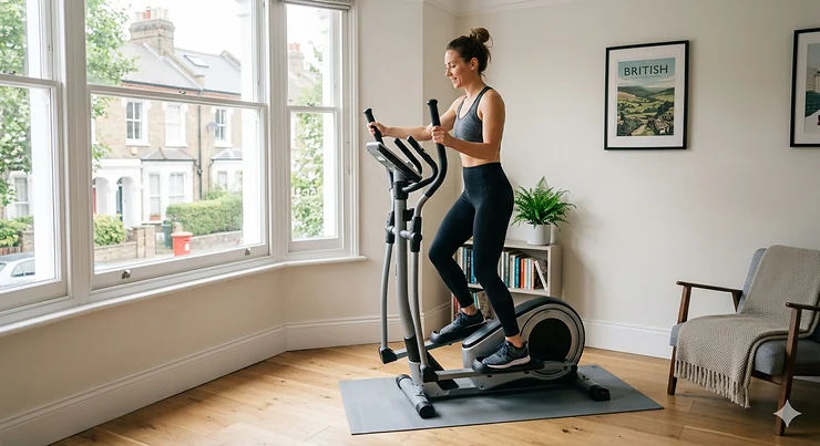 A compact, quiet cross trainer set up in a modern British flat living room. quiet cross trainer for flat