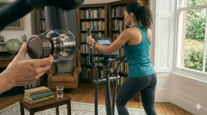 Side view showing the smooth and quiet magnetic drive system of a home cross trainer, perfect for home use.