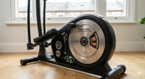 Iconography demonstrating a silent magnetic resistance system, perfect for flats and shared housing.