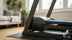 Close-up of a quiet-motor treadmill designed for home workouts without disturbing neighbours.