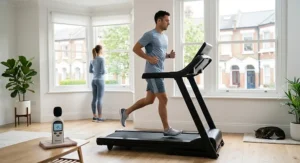 A person walking quietly on a folding treadmill, suitable for upstairs apartments or flats.