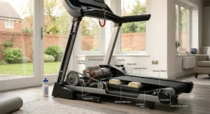 Illustration of a low-noise, high-performance motor on a motorised treadmill ideal for quiet home use.