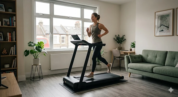 Modern quiet treadmill for small UK flat in a minimalist living room quiet treadmill for flat