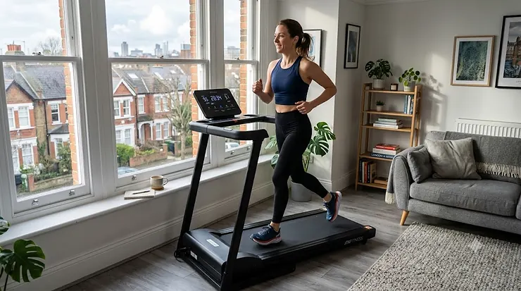 Sleek quiet treadmill for flats under £1000 set up in a modern living room. treadmill under £1000