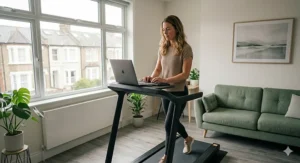 Person walking on a quiet treadmill while working at a standing desk