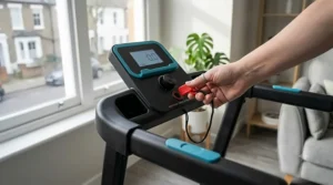 Safety key and emergency stop clip on a quiet home treadmill.