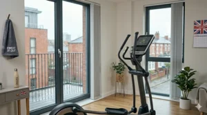 A modern cross trainer positioned in a bright, well-lit living space for home fitness.