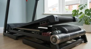 Multi-layer shock absorption system on an affordable electric treadmill deck.