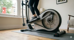 Close-up view of the silent magnetic resistance system on a quiet cross trainer.