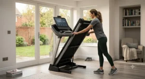 A compact, foldable motorised treadmill being stored in a small UK apartment to demonstrate space-saving design.