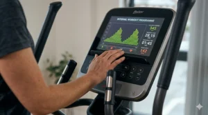 Digital display on a cross trainer showing calories burned and workout time.