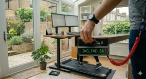 Side profile of a treadmill showing the manual or motorised incline adjustment for hill training.