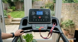 Close-up of a clear LED treadmill console display showing time, speed, and distance metrics.