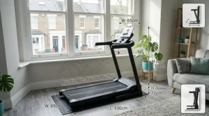 Diagram showing compact dimensions of a quiet treadmill for small flats.