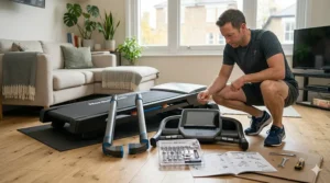 Tools and components for the easy assembly of a new treadmill for home installation.