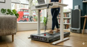 A sturdy treadmill for walking featuring an integrated safety rail for extra support during daily exercise.