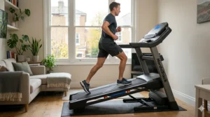 Side view of a home treadmill demonstrating adjustable incline settings for varied exercise.