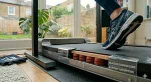 Close-up of the treadmill running belt deck, emphasizing shock-absorption cushioning for joint protection.
